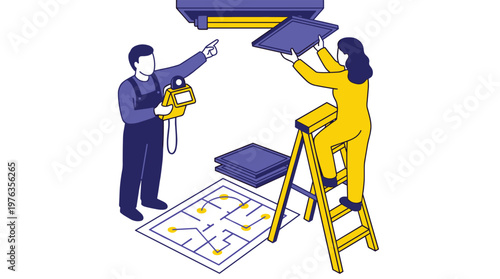 Two professional electricians, a woman on a ladder and a man with a meter, work together installing ceiling light panels according to a blueprint in an isometric view.