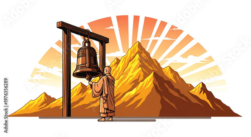 A serene monk ringing a bell in front of a majestic mountain range at sunrise
