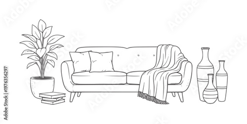 Line of a living room sofa with plant books and vases