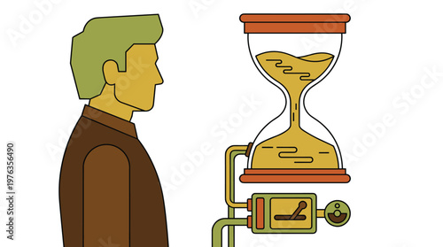 A contemplative man observes a complex mechanical device connected to a large hourglass, intricately regulating the steady flow of sand as a metaphor for time.