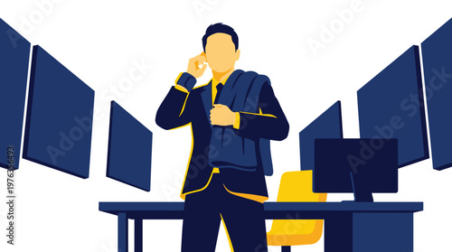 A confident, faceless businessman in a sharp blue suit holds a coat and talks on his phone within a futuristic, minimalist office surrounded by glowing monitors.