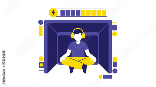 A calm person wearing yellow headphones meditates in a serene cross-legged pose inside a dark, immersive pod, with a bright yellow energy bar recharging above.