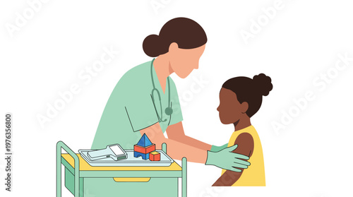 A compassionate female nurse wearing green scrubs and a stethoscope gently administers a vaccination to a young girl's arm in a clean, clinical setting.