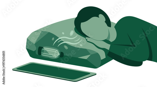 A person finds restful sleep on a futuristic, faceted green pillow that emits a therapeutic crystal-infused vapor, enhancing relaxation and well-being.
