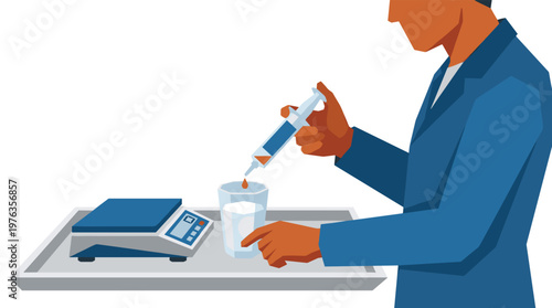 A meticulous scientist in a blue lab coat precisely measures and dispenses an orange liquid from a syringe into a beaker on a tray with a digital scale.