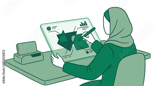 A professional Muslim woman wearing a hijab uses a stylus to interact with data visualizations on a large, transparent futuristic tablet at her modern desk.