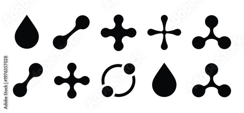 Abstract molecule and liquid drop icon vector set, chemical structure symbols, water droplets, and science elements for laboratory, biotech, healthcare, and technology design