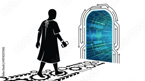 A silhouetted patient in a hospital gown holding a smartphone walks along a complex gear-laden path towards a luminous digital portal with intricate circuitry.