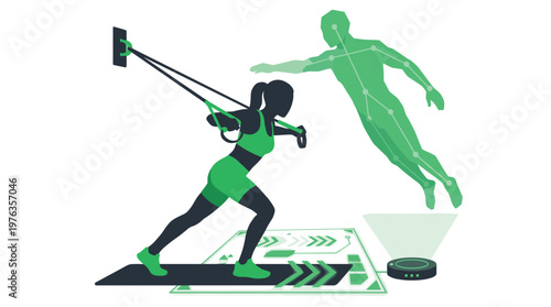 A determined woman in vibrant green athletic wear engages in a futuristic TRX suspension workout guided by a luminous holographic personal trainer on a digital mat.