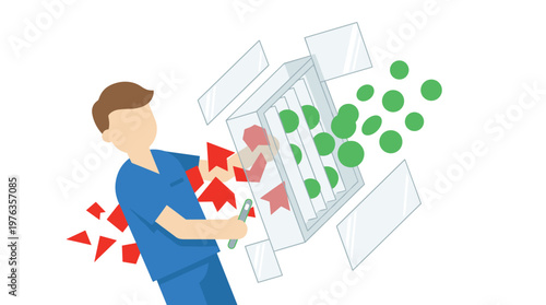 A meticulous scientist in blue scrubs carefully separates vibrant green healthy cells from red damaged cells within a transparent container, illustrating cellular therapy.