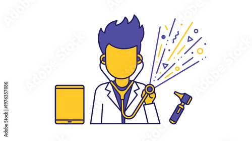 A stylized cartoon doctor with vibrant blue hair uses a modern stethoscope that emits a creative burst of geometric shapes, representing innovative diagnostic technology.