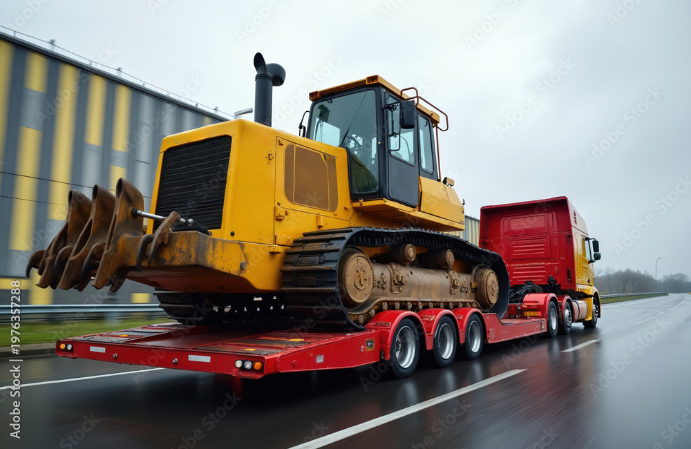 Obraz premium Heavy yellow bulldozer transported on red flatbed truck trailer. Large construction machine moves along wet asphalt road, indicating logistics, hauling. Truck with special trailer carries heavy