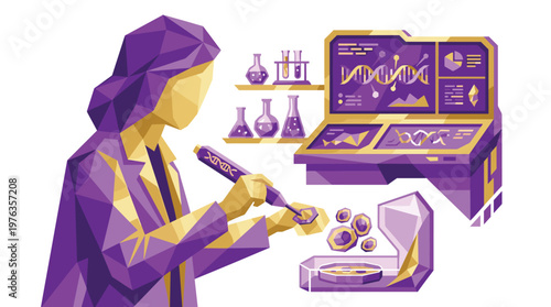 A meticulous female scientist in a futuristic laboratory conducts genetic research, carefully examining cell cultures in a petri dish with advanced equipment.