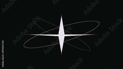 Futuristic star logo with orbital rings, minimalist white celestial spark on black background, Y2K aesthetic vector icon for tech branding