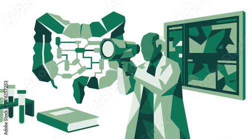 A dedicated medical professional in a laboratory setting uses advanced diagnostic equipment to meticulously examine a complex, stylized model of the human intestine.