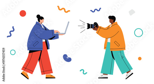 Creative professionals, freelancer and photographer, working together, colorful illustration, vector graphics