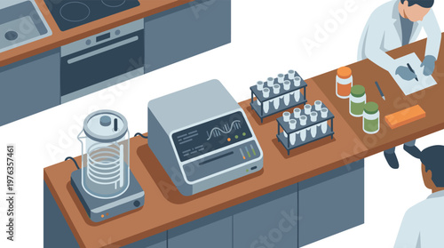 Meticulous scientists in a modern laboratory conduct genetic research using advanced DNA sequencing equipment and organized test tubes on a clean wooden countertop.
