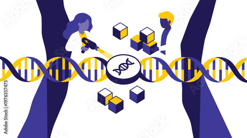 Two dedicated geneticists use a luminous scanning device to analyze a detailed DNA double helix, manipulating floating data blocks in a futuristic abstract space.
