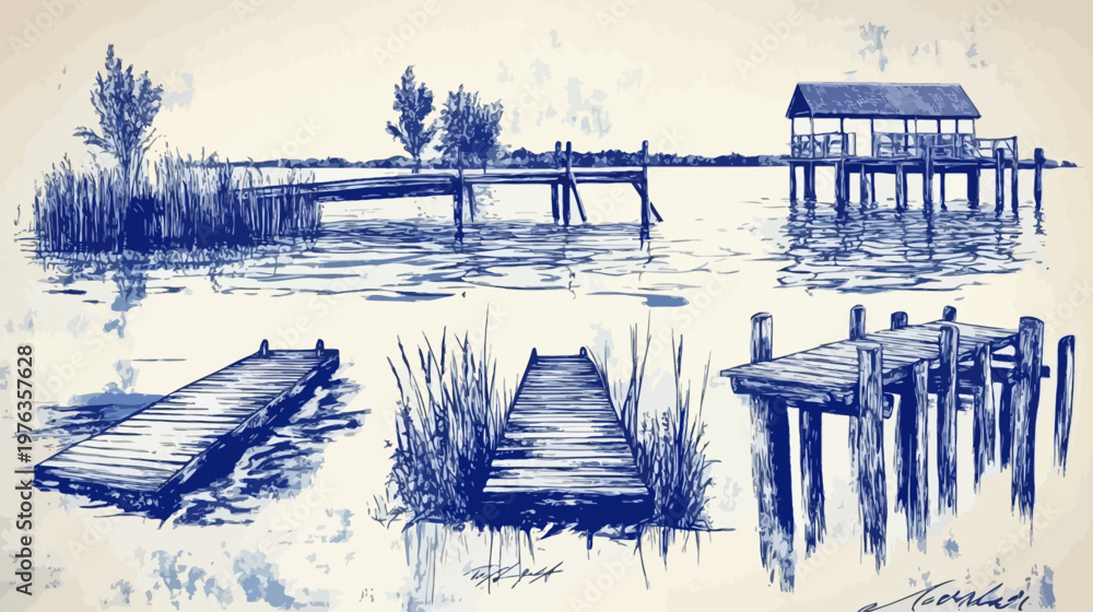 Fototapeta premium Blue ink illustration on cream background depicts various wooden piers, docks, with water and plant details