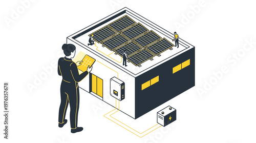Meticulous engineers in a clean isometric view install a grid of pristine solar panels on a modern building's rooftop, connected to an inverter and a battery system.