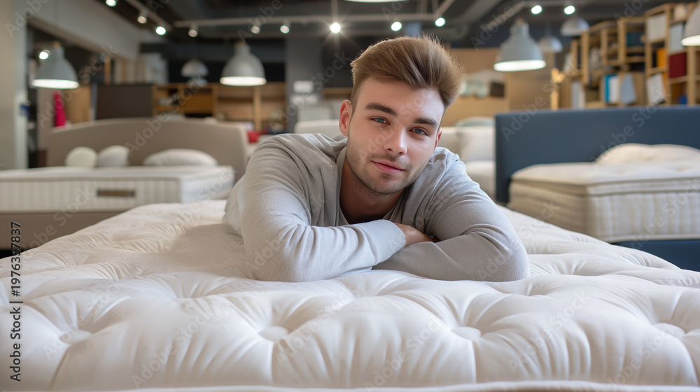Obraz premium Young man lying on mattress in modern furniture store 
