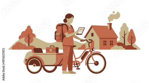 A dedicated female community health worker consults her digital tablet while standing beside her modern electric tricycle in a serene rural landscape at dusk.