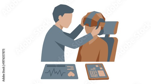 A caring medical professional gently places a sophisticated low-poly brain-computer interface helmet onto a patient's head during a neurological examination.