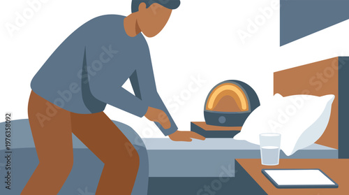 A man wearing a comfortable blue sweater gets out of bed in the morning, reaching for a modern sunrise alarm clock on a bedside table with a glass of water.