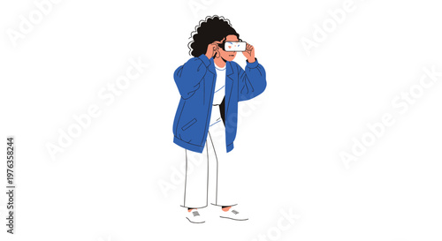 Illustration of a person wearing VR headset, virtual reality, futuristic technology, blue jacket