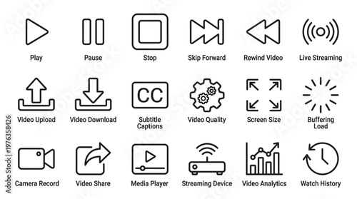 Set of black outline video player icons for digital media streaming interface use.
