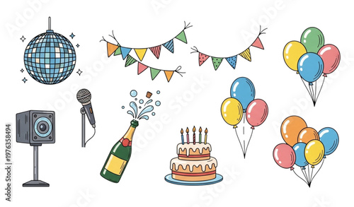 Birthday party doodle icons vector set festive hand drawn celebration elements