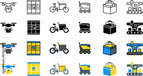 Delivery Logistics Icons Showcasing Modern Shipping and Automated Parcel Solutions