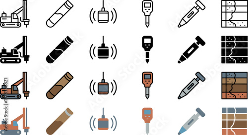 Geotechnical Engineering Soil Investigation and Testing Equipment Icons Set