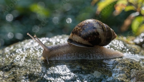Snail moving slowly on a moist surface leaving a visible trail behind