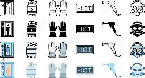 Cryotherapy Equipment and Safety Gear Icons in Four Diverse Visual Styles