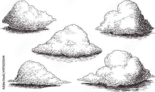 Hand Drawn Cumulus Clouds in Style White Background vintage retro