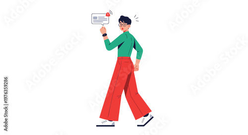 Cartoon man walking, holding speech bubble, colorful illustration, modern style, vector graphic