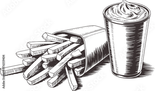 Hand Drawn French Fries in Paper Container with Dip Sauce Cup Isolated White potato