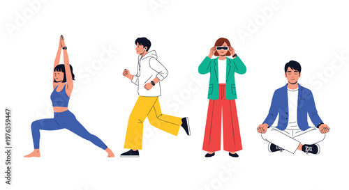Diverse people, yoga poses, fitness illustrations, healthy lifestyle, colorful vector graphics