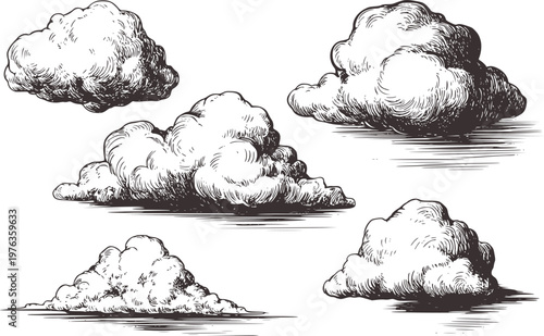 Hand Drawn Clouds Collection Isolated White Background Vintage Style retro