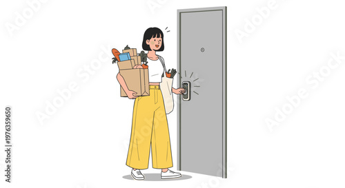 Delivery woman, carrying groceries, entering home, modern illustration, vector graphic