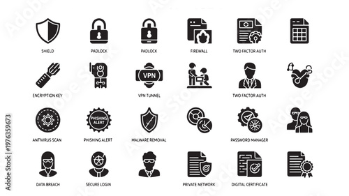 Cybersecurity icons display a collection of digital safety symbols including shields, locks, and network protection tools for secure computing environments.