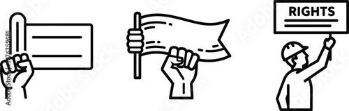 Black and white illustration depicting protest signs and raised fists symbolizing rights and demonstration