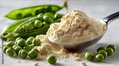 Plant based pea protein powder in a spoon with fresh green peas. Vegan nutritional supplement on white marble background. Healthy organic fitness ingredient
