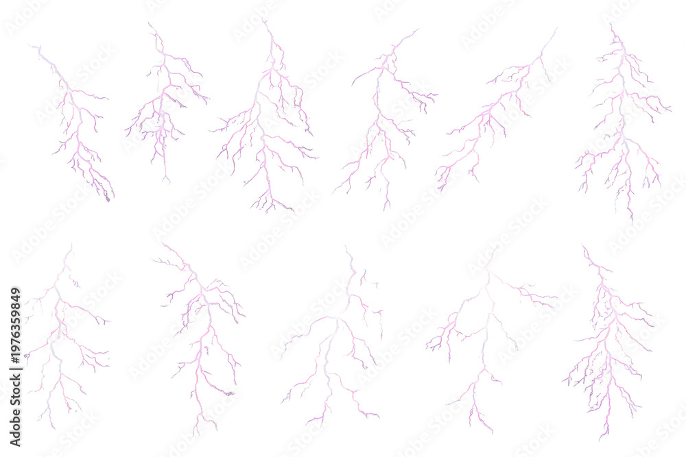 Fototapeta premium Lightning bolts striking, creating electrical storm power and energy, transparent background for weather effect overlay