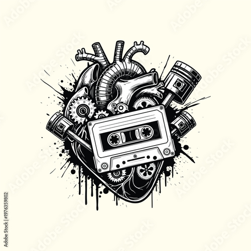 Anatomical Heart with Cassette Tape Engine Piston Ink Splash Vector T-Shirt Design Illustration