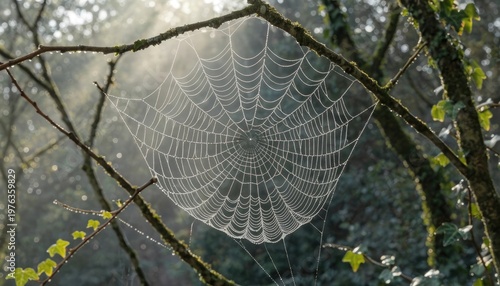 Spider web with dew drops highlighting natural structure and symmetry. 