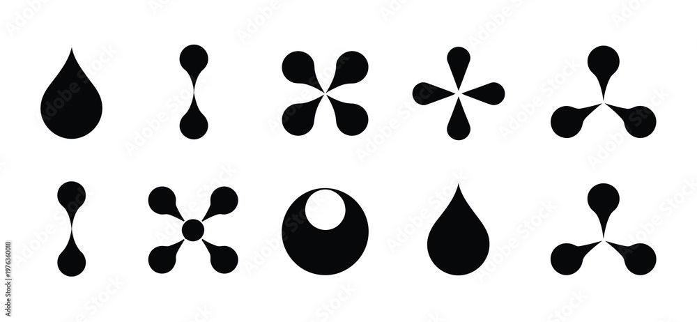 Fototapeta premium Liquid droplet molecular icon set, abstract vector symbols combining fluid drop shapes and molecular structures for science, chemistry, biotech, and modern technology design concepts