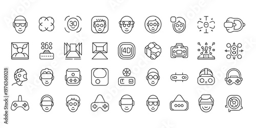 Virtual reality line icons set, 36 augmented reality vector symbols, metaverse and gaming technology interface elements for digital entertainment