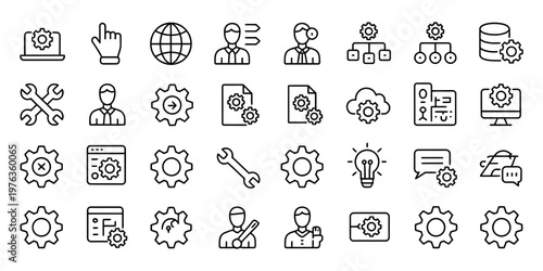 Technical support and settings line icon set, 32 web development and system configuration vector icons, software engineering and maintenance symbols